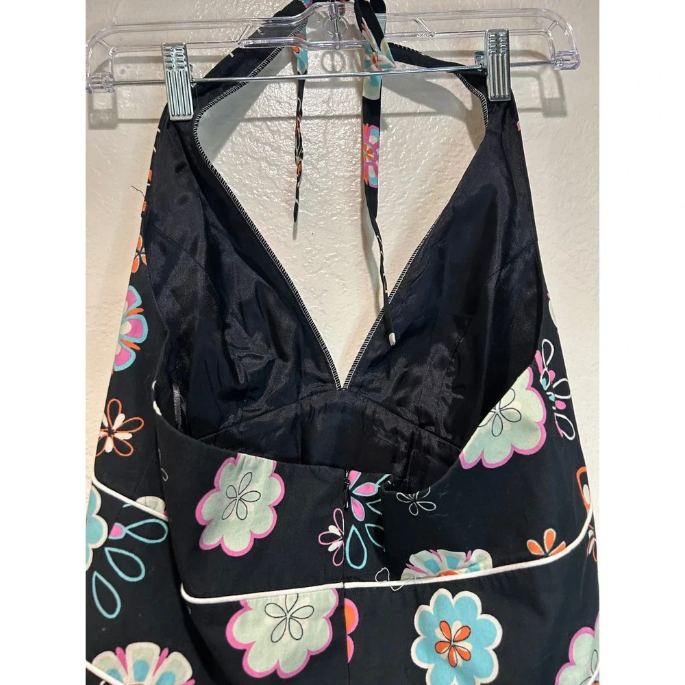 ABS by Allen Schwartz Womens Black Floral Halter Neck Sundress Size 8 Retro‎ V